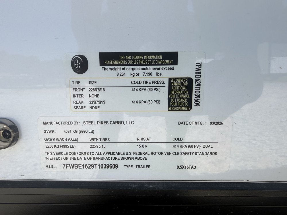 Steel Pines Cargo 8.5x16 TA3 Enclosed Trailer 10K 39609